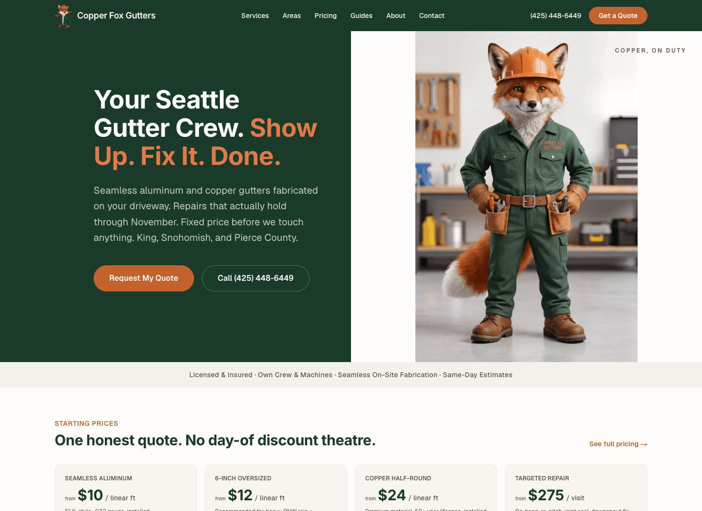 Copper Fox Gutters website, with the fox identity and gutter services
